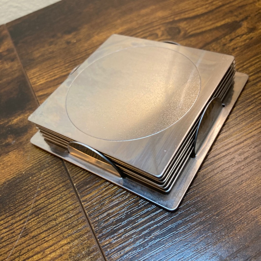 Stainless Steel Coaster Set 6 Holder Square Modern Silver Industrial Minimalist